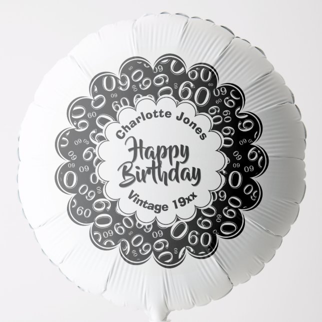Happy Birthday, 60th Black/White Fun Party Pattern Balloon (Front)