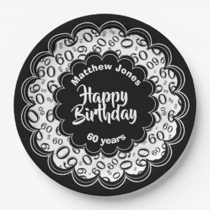 Happy Birthday 60th Black/White Number Pattern Paper Plates