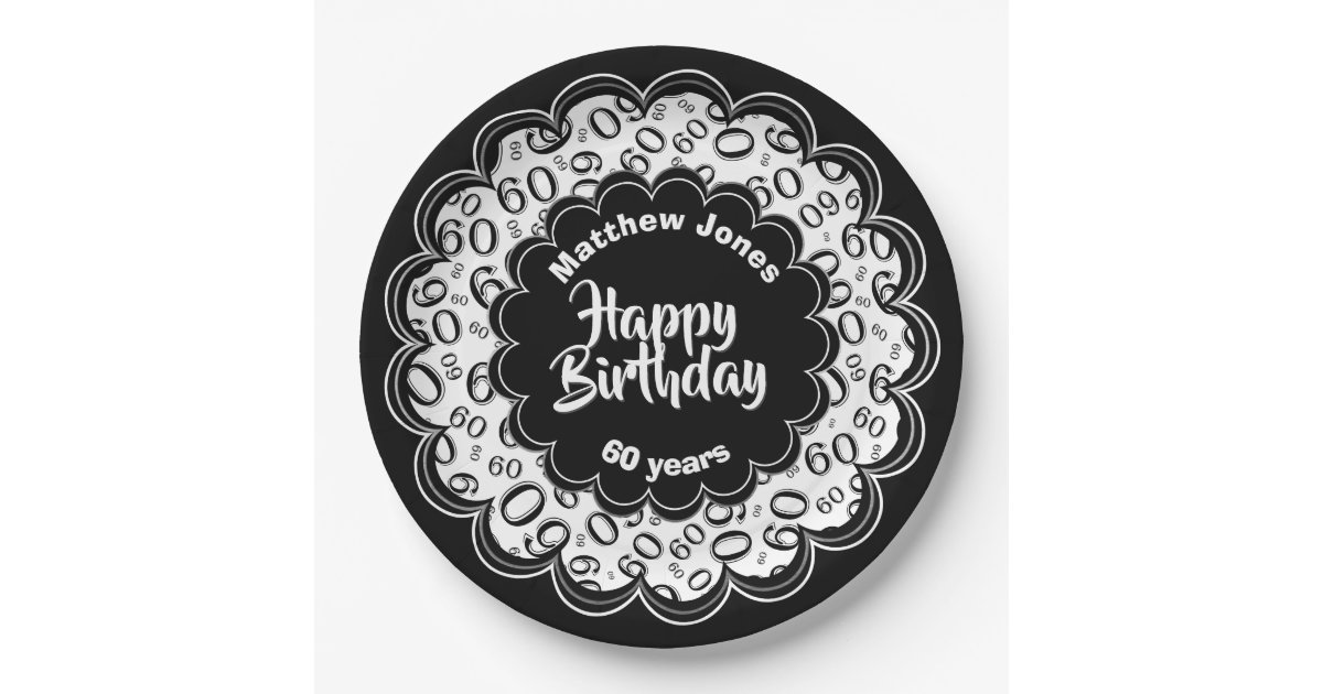 Happy Birthday 60th Black/White Number Pattern Paper Plates | Zazzle