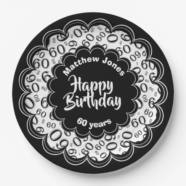 Happy Birthday 60th Black/White Number Pattern Paper Plates (Front)