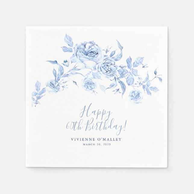 Happy Birthday 60th Blue Rose Floral Custom Napkins (Front)