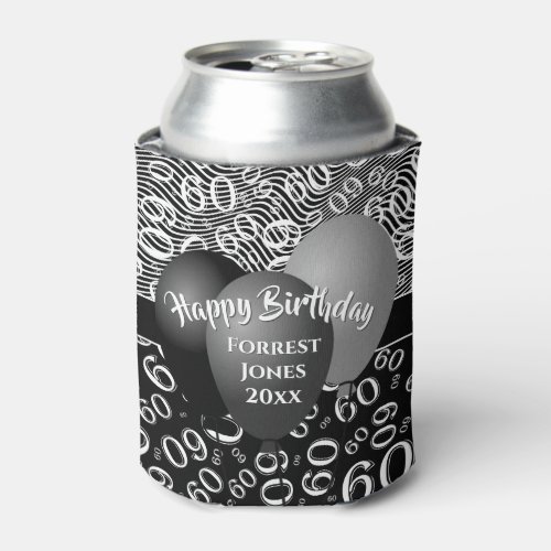 Happy Birthday 60th Number Pattern Black and White Can Cooler