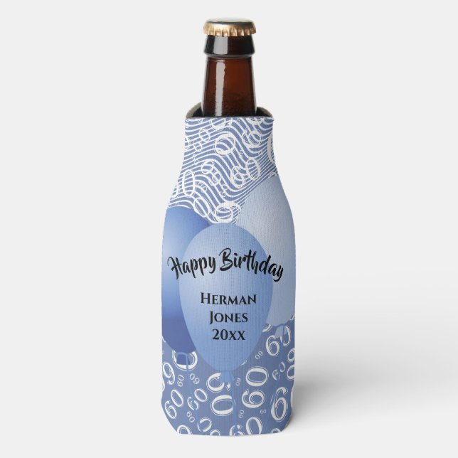 Happy Birthday 60th Number Pattern Blue and White Bottle Cooler (Bottle Front)