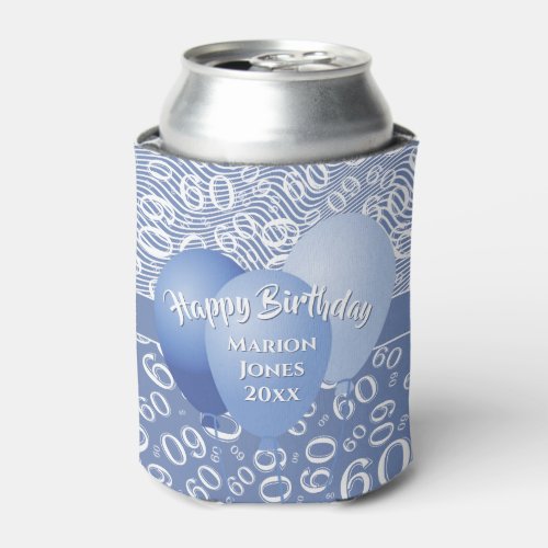 Happy Birthday 60th Number Pattern Blue and White Can Cooler