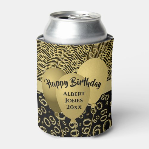 Happy Birthday 60th Number Pattern Gold and Black Can Cooler