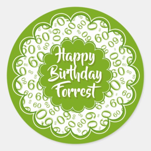 Happy Birthday 60th Number Pattern Green and White Classic Round Sticker