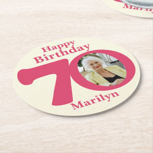 Happy birthday 70 name and photo paper coasters (Angled)