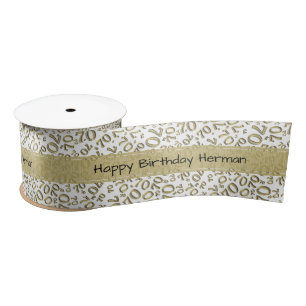 Happy Birthday 70 Number Pattern Gold/White Satin Ribbon