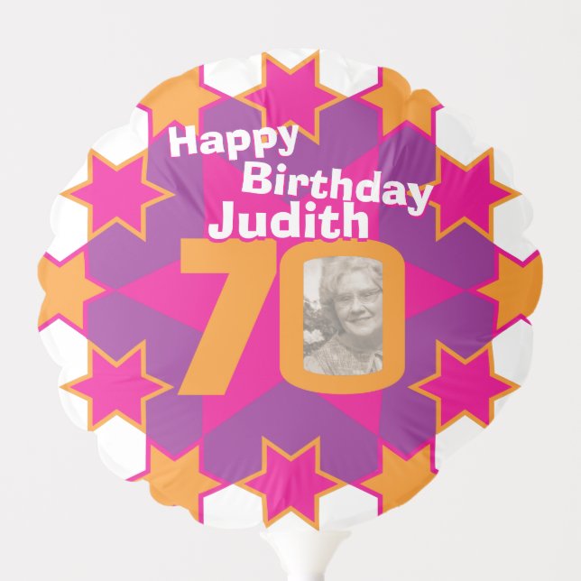 Happy birthday 70 pink stars custom name and photo balloon (Front)