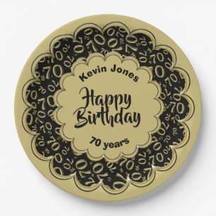 Happy Birthday 70th Black/Gold Number Pattern Paper Plates