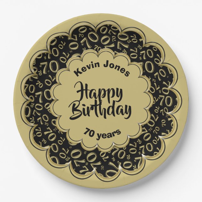 Happy Birthday 70th Black/Gold Number Pattern Paper Plates (Front)