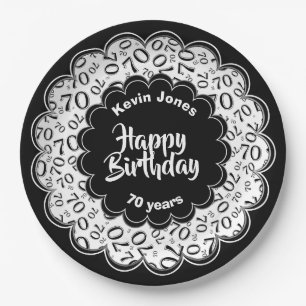 Happy Birthday 70th Black/White Number Pattern Paper Plates