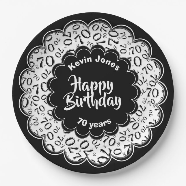 Happy Birthday 70th Black/White Number Pattern Paper Plates (Front)