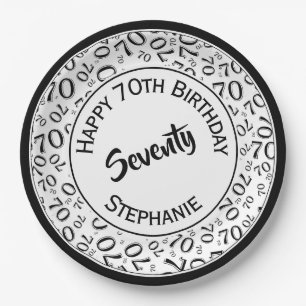 Happy Birthday 70th Black/White Number Pattern Paper Plates