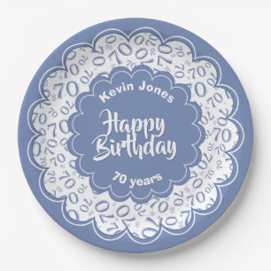 Happy Birthday 70th Blue/White Number Pattern Paper Plates