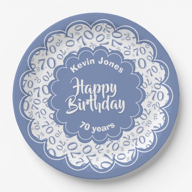 Happy Birthday 70th Blue/White Number Pattern Paper Plates (Front)