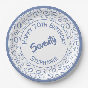 Happy Birthday 70th Blue/White Number Pattern Paper Plates