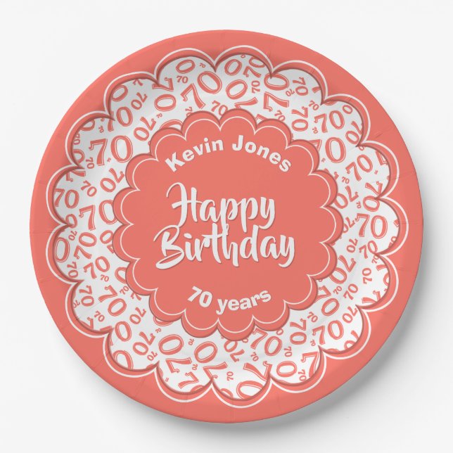 Happy Birthday 70th Coral/White Number Pattern Paper Plates (Front)