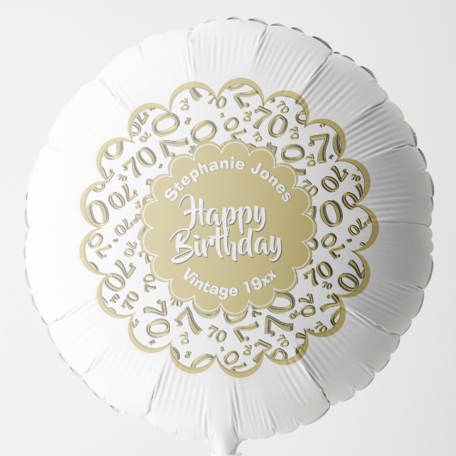 Happy Birthday 70th Gold/White Number Pattern Balloon (Front)