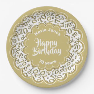 Happy Birthday 70th Gold/White Number Pattern Paper Plates