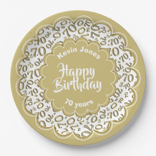 Happy Birthday 70th Gold/White Number Pattern Paper Plates (Front)