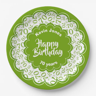 Happy Birthday 70th Green/White Number Pattern Paper Plates