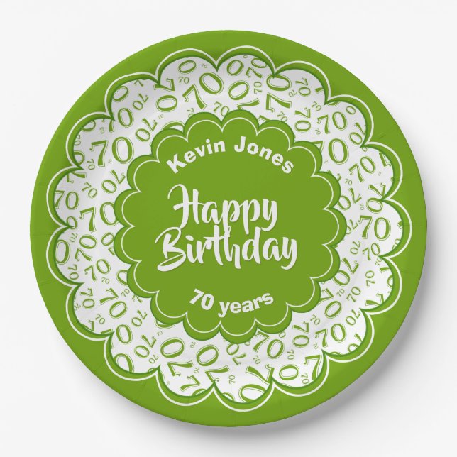 Happy Birthday 70th Green/White Number Pattern Paper Plates (Front)