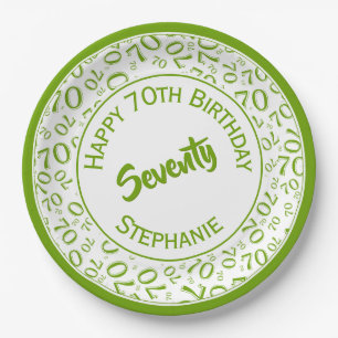 Happy Birthday 70th Green/White Number Pattern Paper Plates