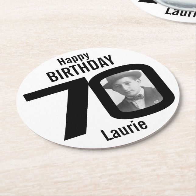 Happy birthday 70th name and photo paper coasters (Angled)