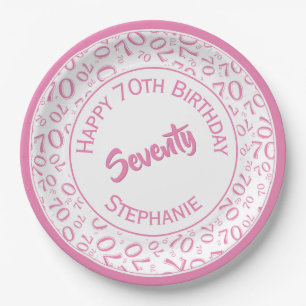 Happy Birthday 70th Pink/White Number Pattern Paper Plates