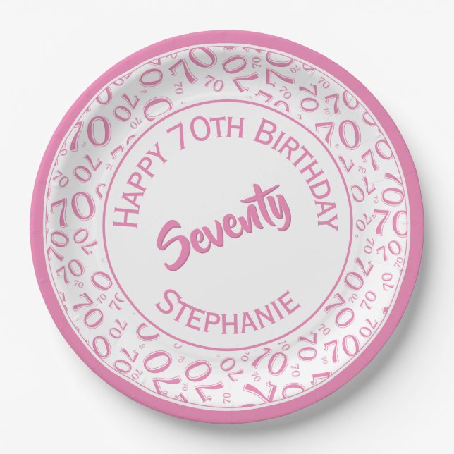 Happy Birthday 70th Pink/White Number Pattern Paper Plates (Front)