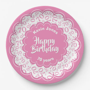 Happy Birthday 70th Pink/White Number Pattern Paper Plates