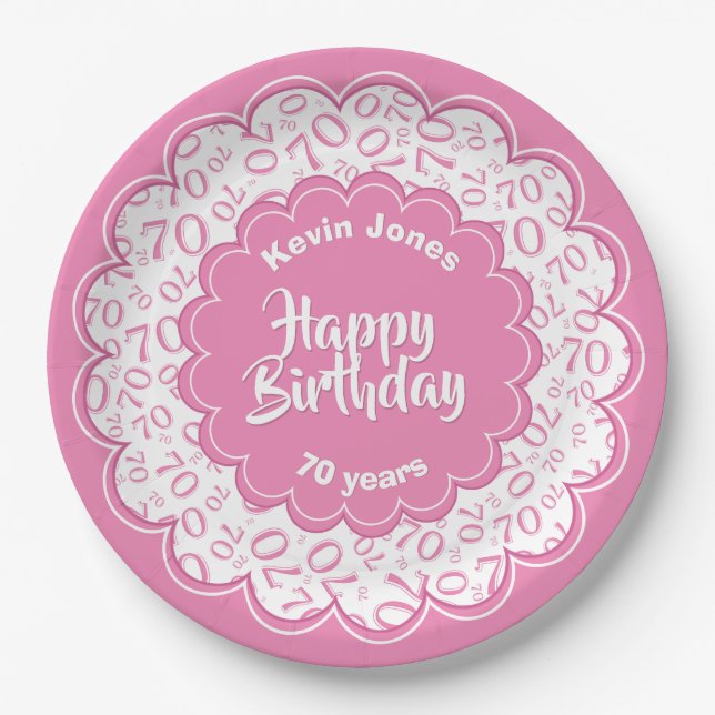 Happy Birthday 70th Pink/White Number Pattern Paper Plates (Front)