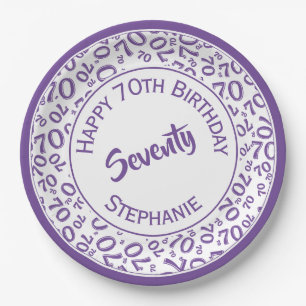 Happy Birthday 70th Purple/White Number Pattern Paper Plates