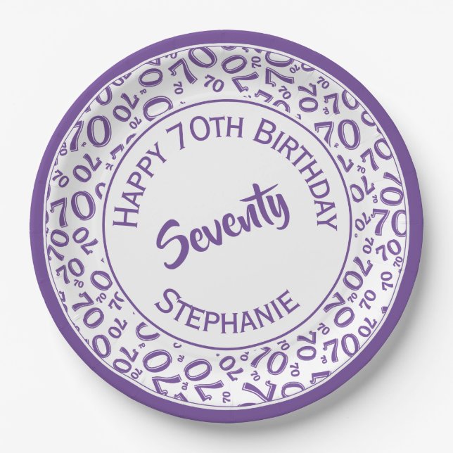 Happy Birthday 70th Purple/White Number Pattern Paper Plates (Front)