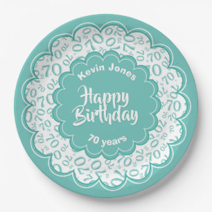 Happy Birthday 70th Teal/White Number Pattern Paper Plates