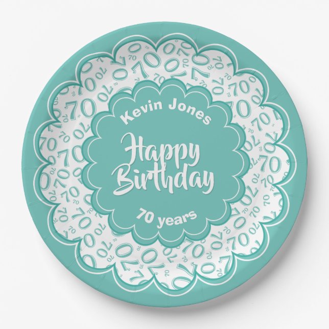 Happy Birthday 70th Teal/White Number Pattern Paper Plates (Front)