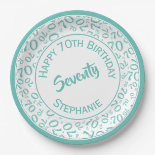 Happy Birthday 70th Teal/White Number Pattern Paper Plates