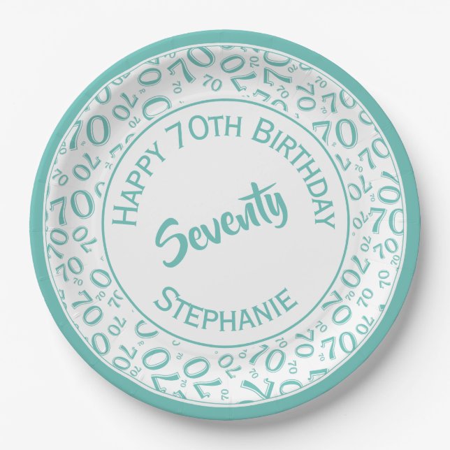 Happy Birthday 70th Teal/White Number Pattern Paper Plates (Front)