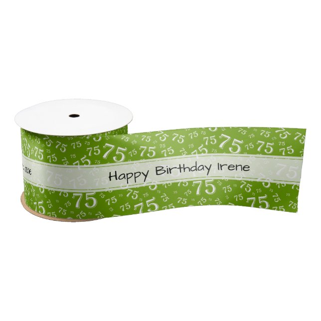 Happy Birthday 75 Number Pattern Green/White Satin Ribbon (Spool)
