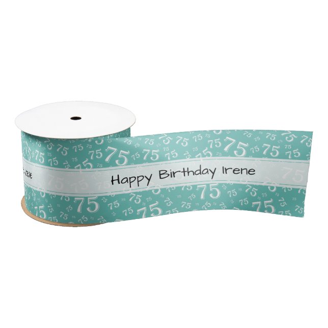 Happy Birthday 75 Number Pattern Teal/White Satin Ribbon (Spool)