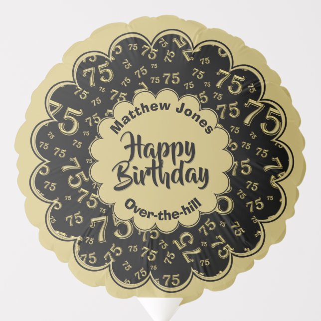 Happy Birthday, 75th Gold/Black Fun Party Pattern Balloon (Front)