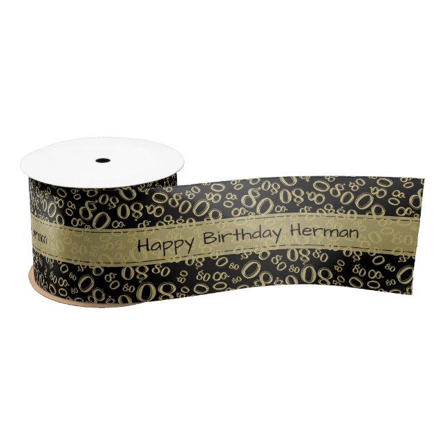 Happy Birthday 80 Number Pattern Black/Gold Satin Ribbon (Spool)