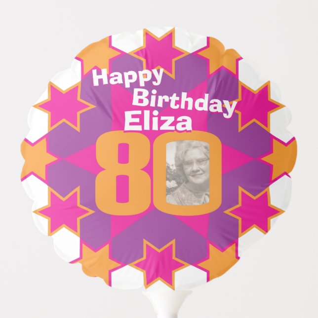 Happy birthday 80 pink stars custom name and photo balloon (Front)