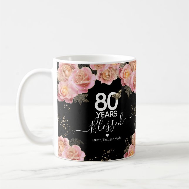Happy Birthday 80 Years Blessed Pink Floral Coffee Coffee Mug (Left)