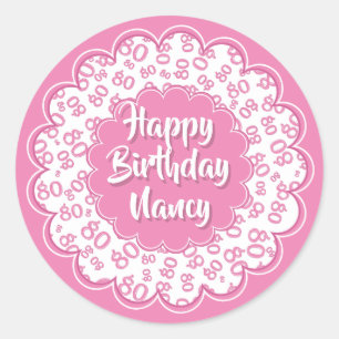 Happy Birthday 80th Number Pattern Pink and White Classic Round Sticker