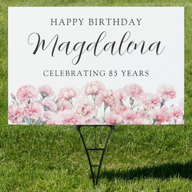 Happy Birthday 85th Pink Floral Carnation Yard Sign (Insitu)