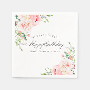 Happy Birthday 85th Pink Floral Custom Cocktail Napkins
