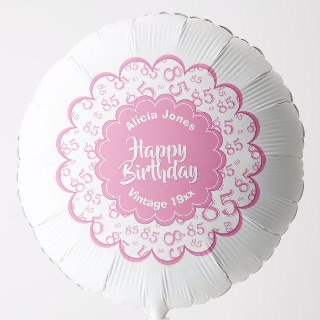 Happy Birthday, 85th Pink/White Fun Party Pattern Balloon (Front)