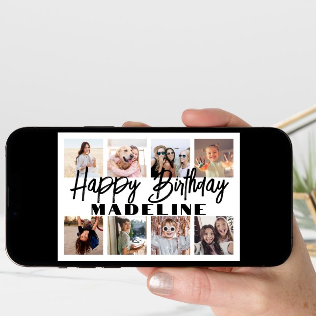 Happy Birthday 8 Photo Collage Elegant Minimalist Card (Front Digital)